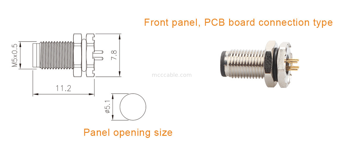 Connecteur circulaire M5 code-A Série imperméable à l'eau Panneau Flange PCB Socket mâle Prise en charge de 3 cœurs et de 4 cœurs personnalisation IP67